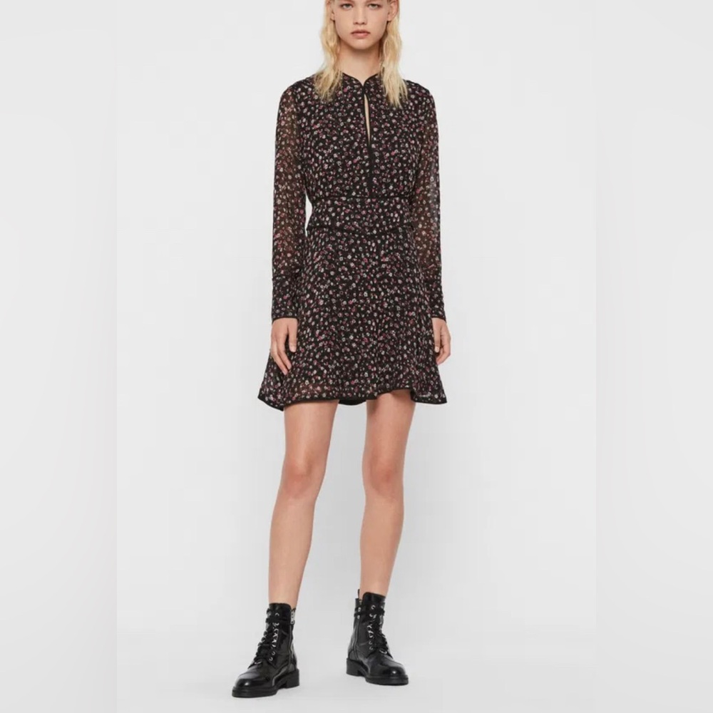 All Saints Women's Long Sleeve Floral Kay Ditz Dress Black/Pink